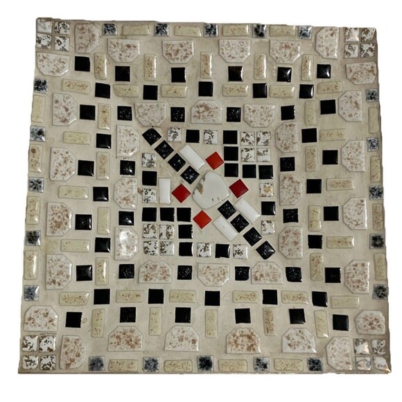 Large Vintage Mosaic  Tile  platter, White Red Black Gold square tiles MCM - Picture 7 of 16